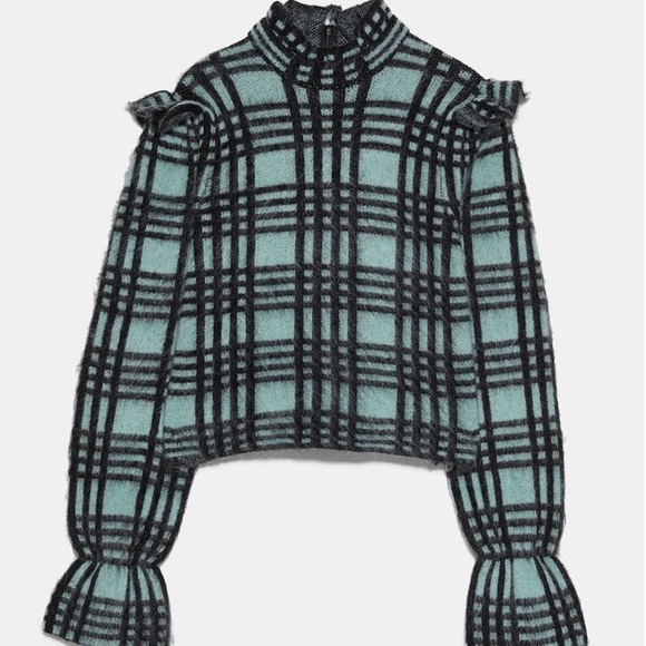 🔖 S ZARA Checked Wool Mohair Knit Sweater Green Aqua Ruffle Shoulder - Picture 7 of 16